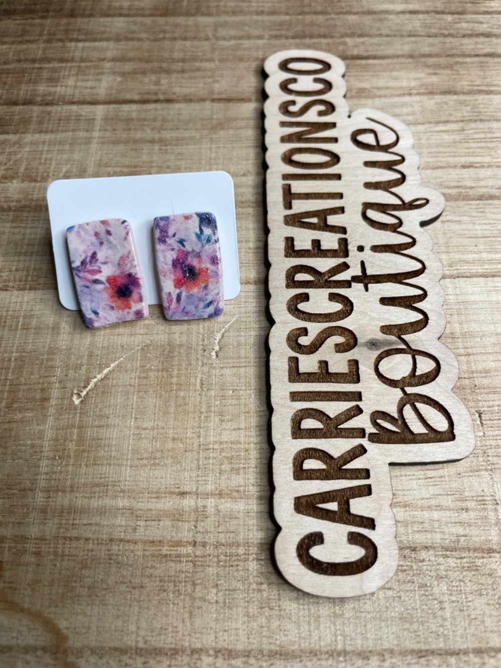 Pink Floral Rectangle Stud Earrings